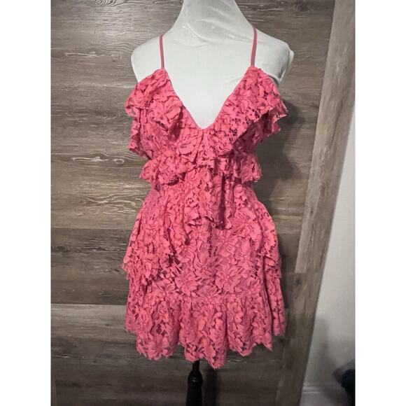 NBD Revolve Lace Mini Dress V-Neck Pink Halter Back Party Prom Cocktail - Picture 1 of 12